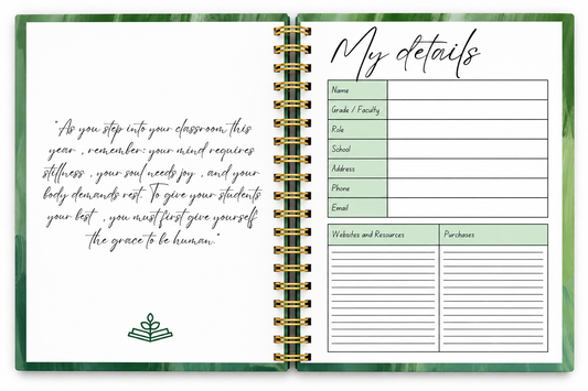 Olive green 2027 teacher planner styled as a practical and uplifting stationery essential for educators