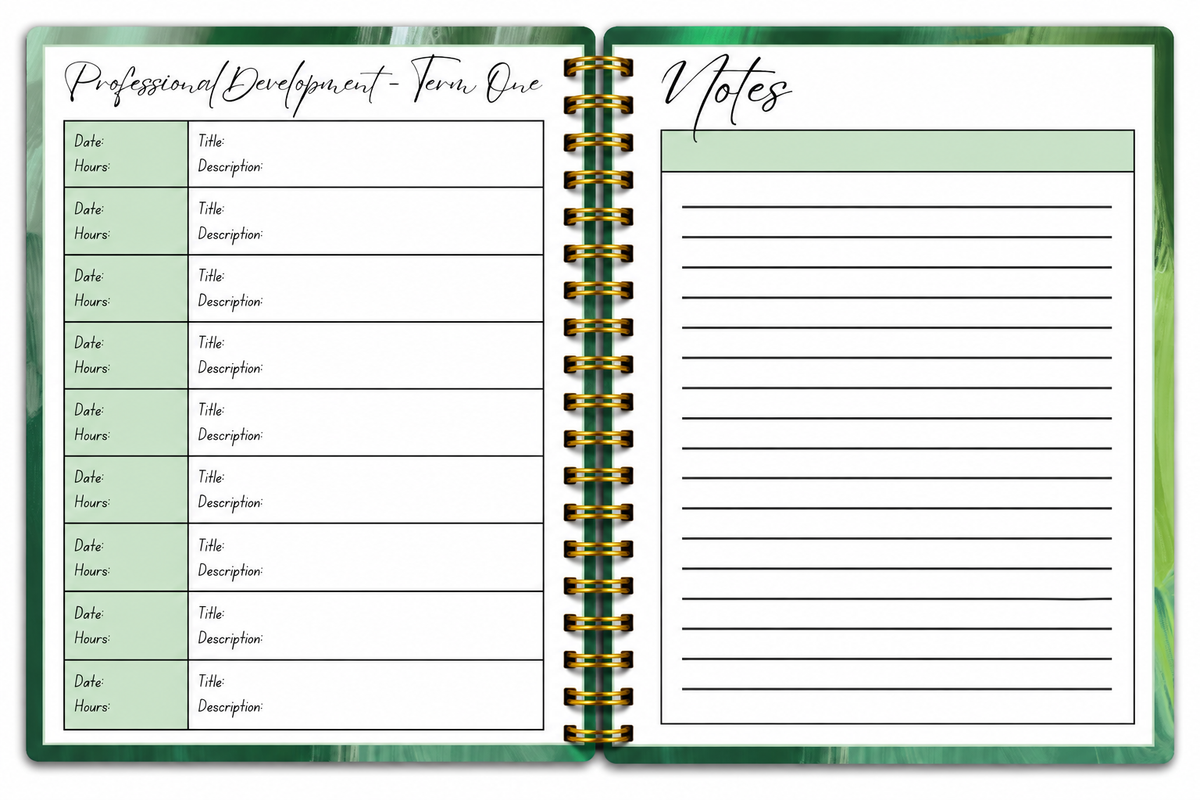 Olive teacher planner interior showing practical school planning pages for the 2027 academic year