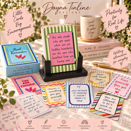 Picture of the Real Reminders cards utilising the stand as availble in the Real Reminder and Black Steel Stand bundle.