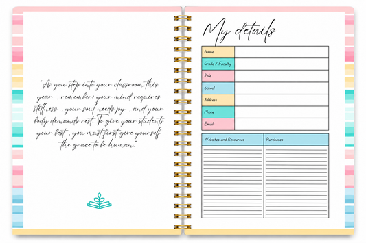 Inside pages of 2027 Bright Teacher Planner showing My Details page and teacher wellbeing affirmation quote