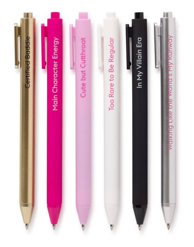 Close-up of fierce funny quote gel pens with bold sayings
