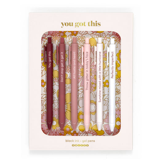 Set of 6 motivational quote gel pens in gift packaging