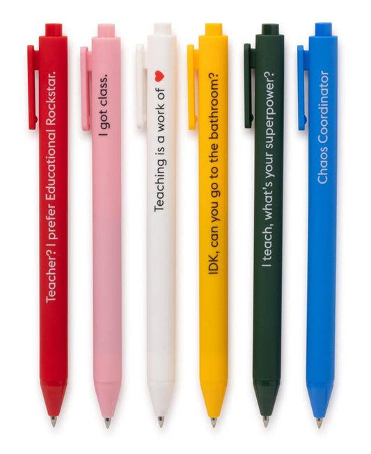 Close-up of teacher quote gel pens with witty sayings