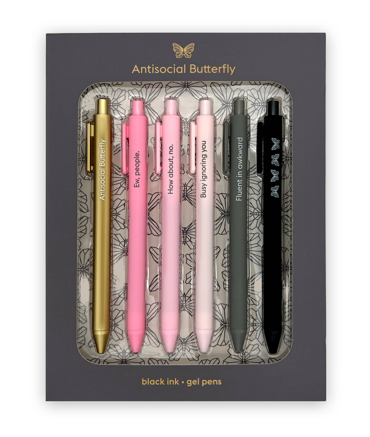Antisocial Butterfly gel pen set of 6 in gold foil gift box