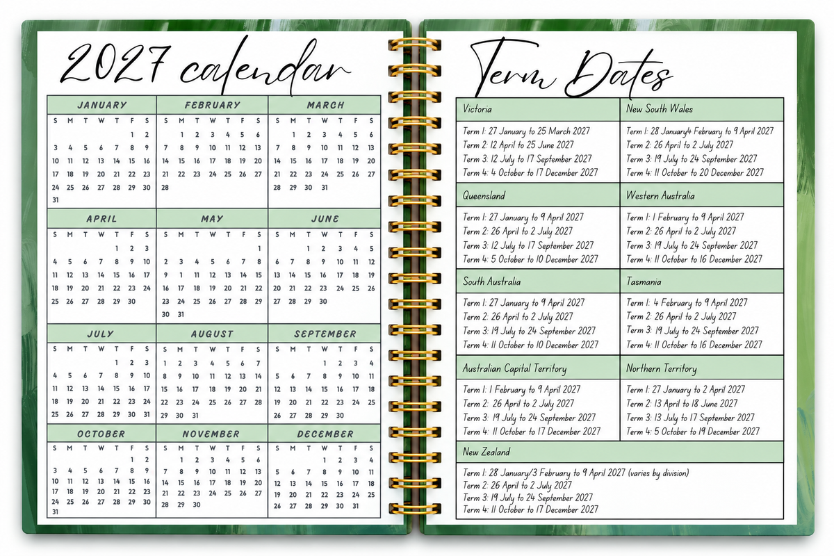 Olive teacher planner interior showing practical school planning pages for the 2027 academic year