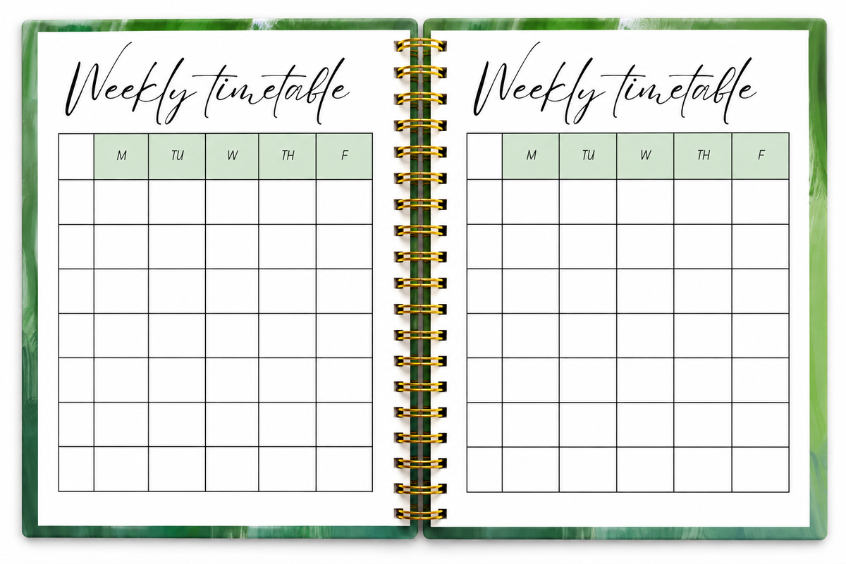 Open Olive 2027 teacher planner with functional layouts for organising classroom routines and school terms