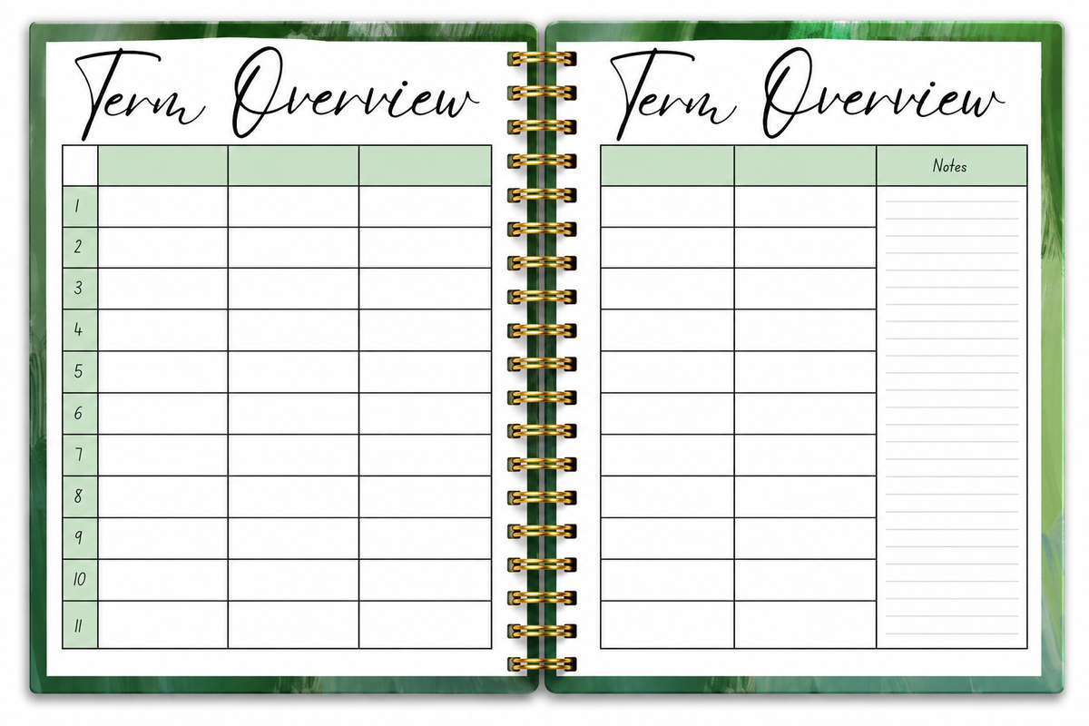 Open Olive 2027 teacher planner with functional layouts for organising classroom routines and school terms