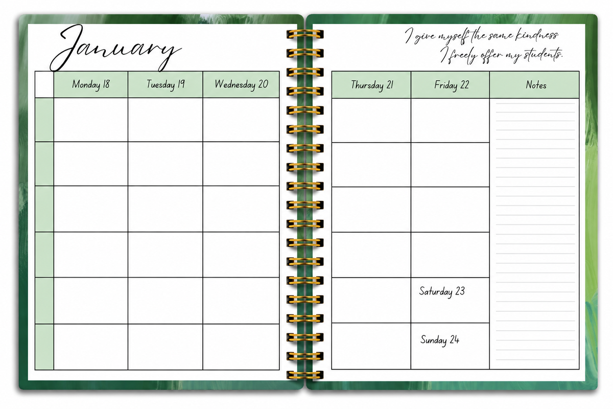 Open 2027 Olive teacher planner showing dated weekly planning pages for Australian and New Zealand teachers