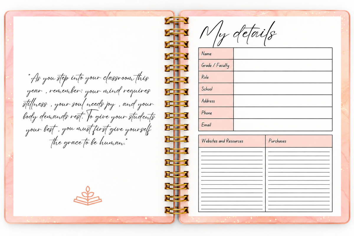 Peach-toned 2027 teacher planner styled as a practical and uplifting stationery essential for educators