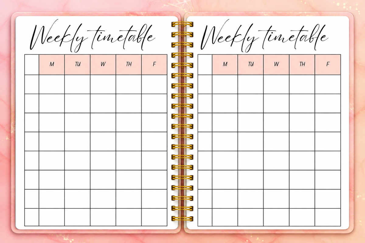 Close-up of the Peach teacher planner’s durable coil binding and pages designed to lie flat, showcasing the weekly timetable with space for a 10 day cycle.
