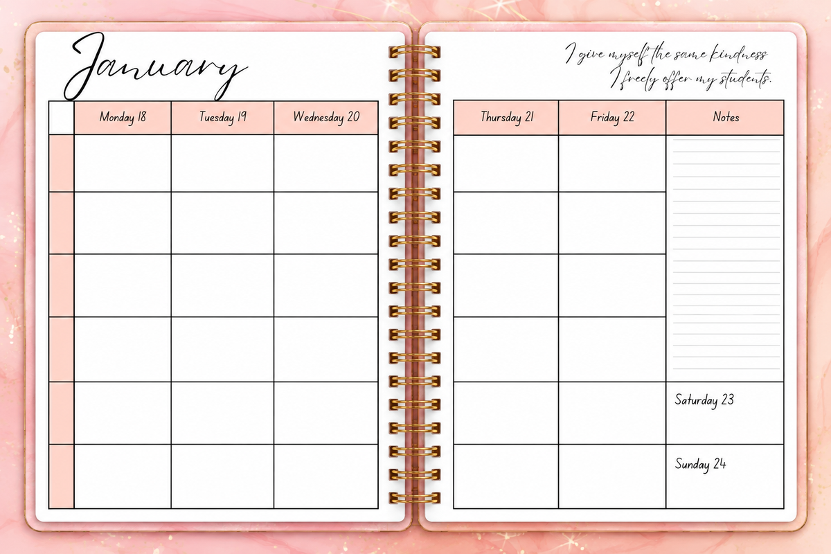 Open 2027 Peach teacher planner showing dated weekly planning pages for Australian and New Zealand teachers