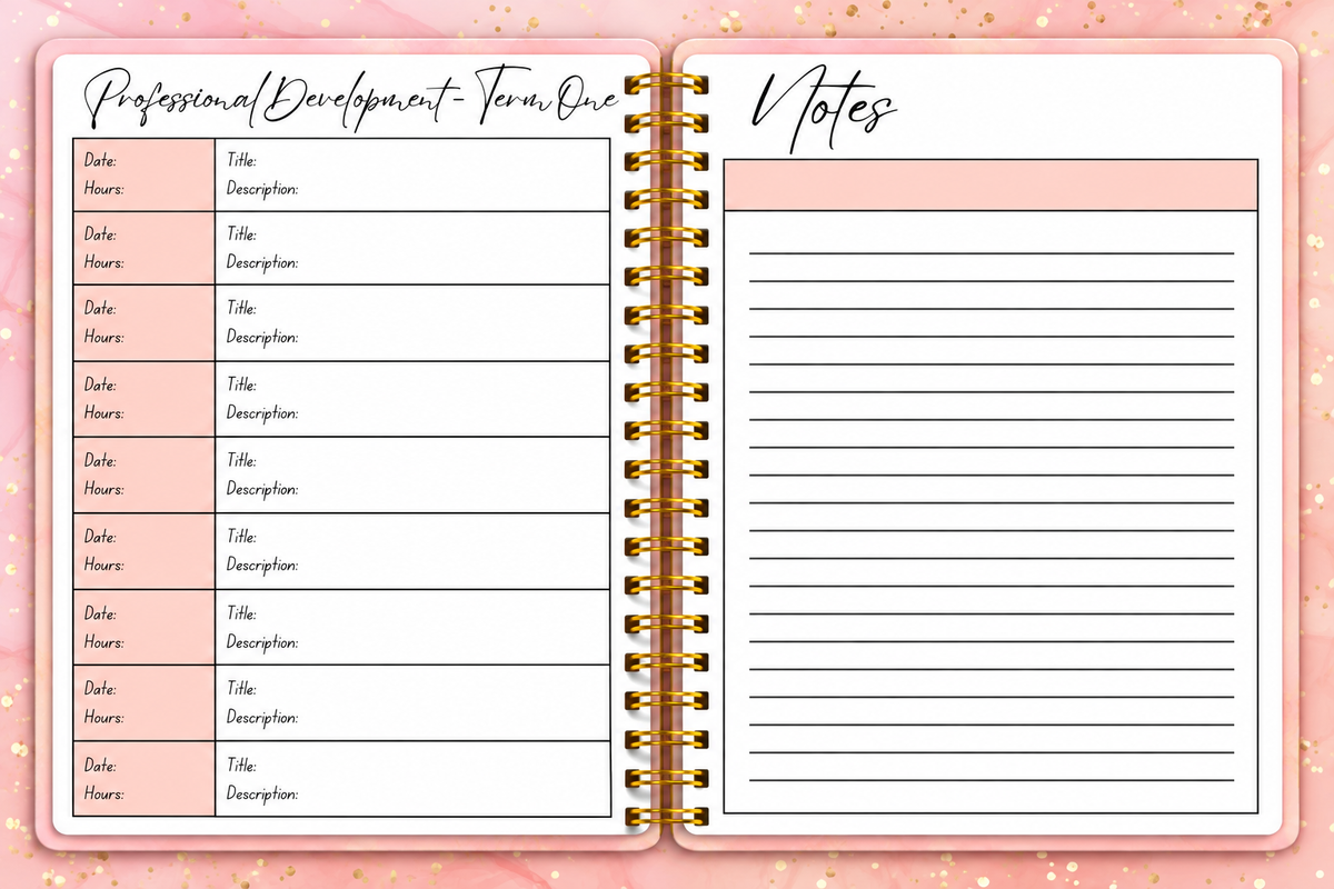 Open Peach 2027 teacher planner with functional layouts for organising classroom routines and school terms