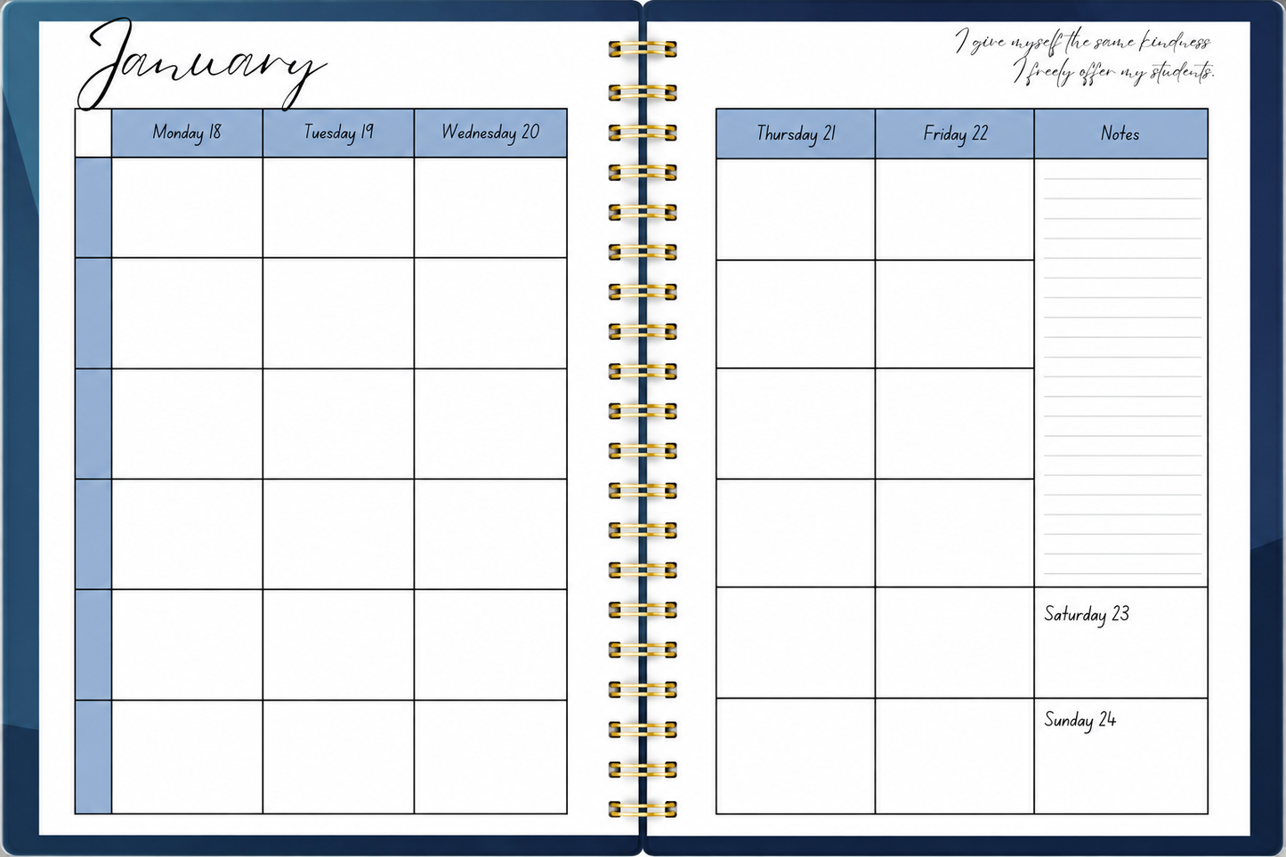 Weekly lesson planning layout of 2027 Navy Teacher Planner showing January spread with blue period grid and teacher affirmation