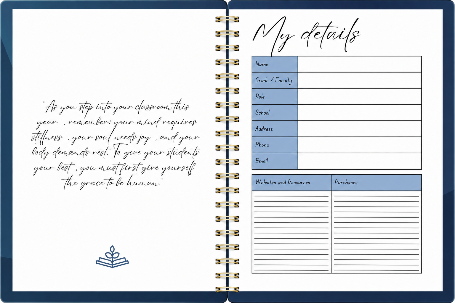 Inside pages of 2027 Navy Teacher Planner showing My Details page and teacher wellbeing affirmation quote