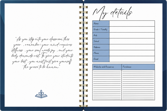 Inside pages of 2027 Navy Teacher Planner showing My Details page and teacher wellbeing affirmation quote