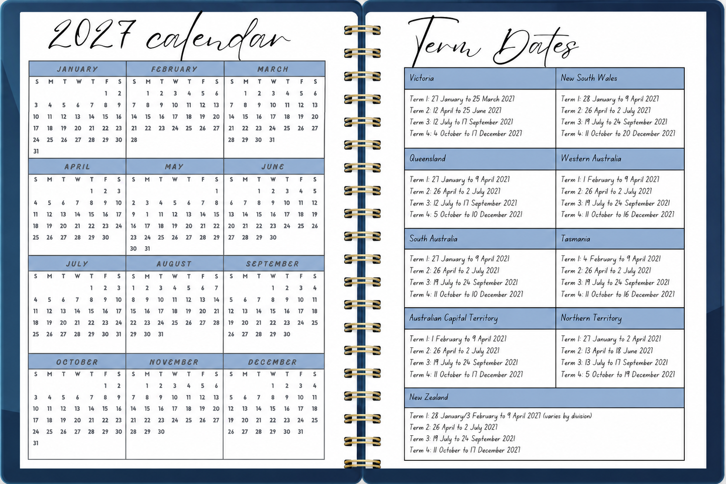 2027 Navy Teacher Planner open to annual calendar and Australian and New Zealand school term dates