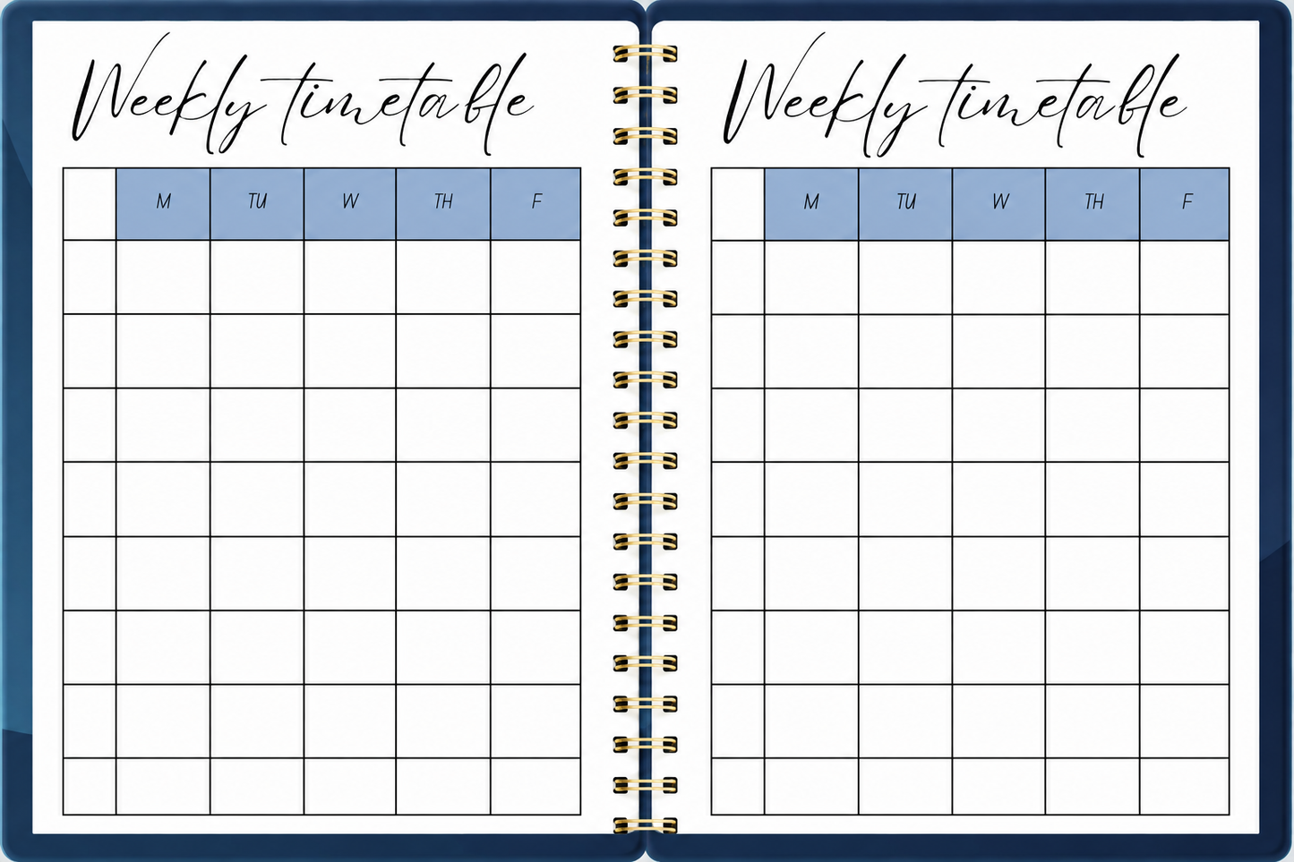 Weekly timetable pages in 2027 Navy Teacher Planner showing Monday to Friday period grid with gold coil binding