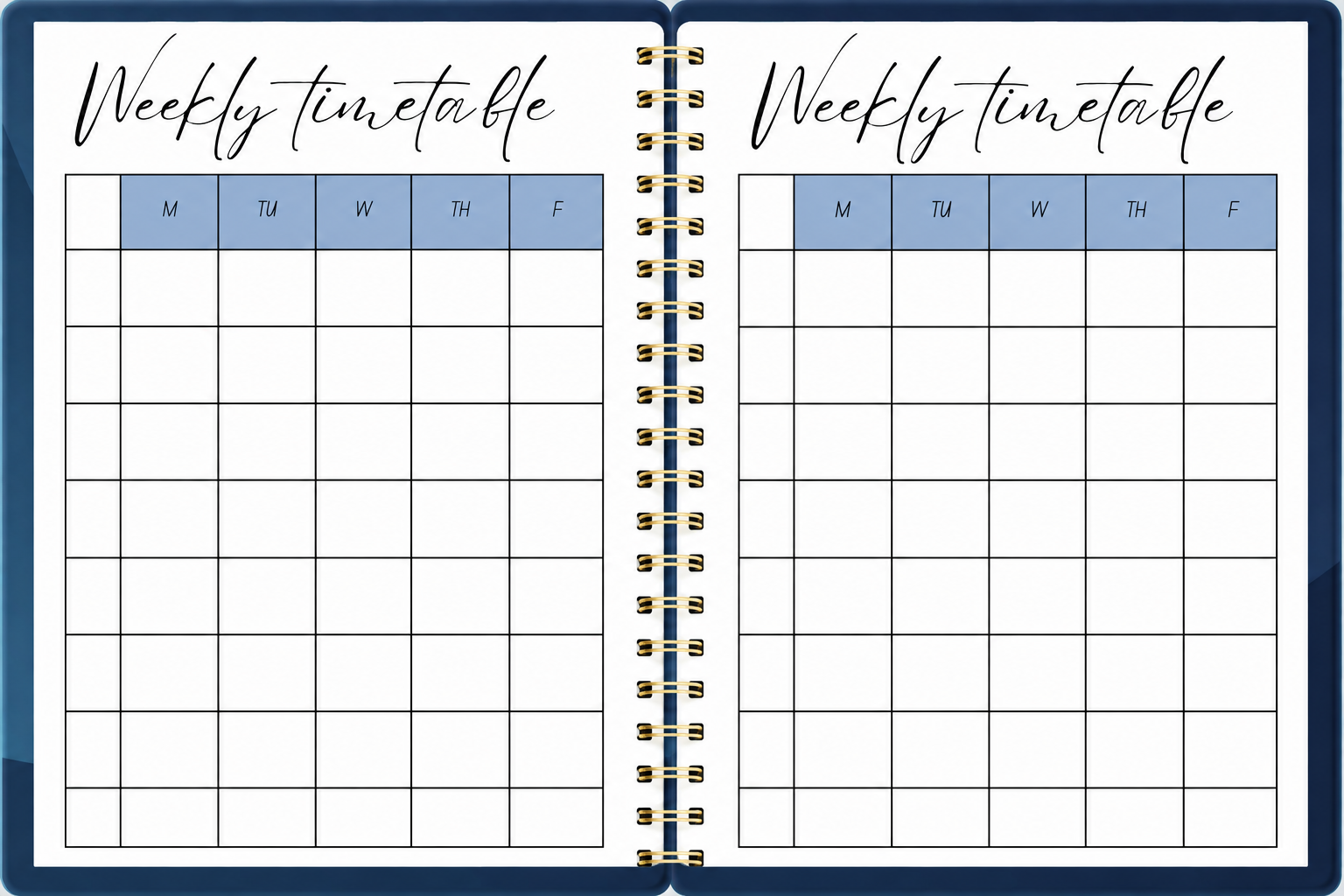 Weekly timetable pages in 2027 Navy Teacher Planner showing Monday to Friday period grid with gold coil binding