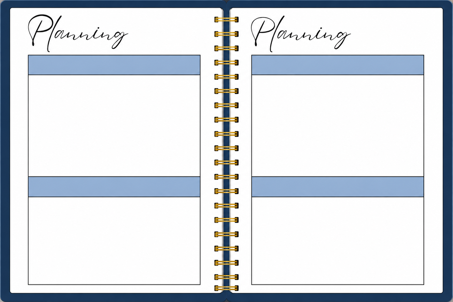 Open planning pages in 2027 Navy Teacher Planner with navy blue section headers and large writing spaces