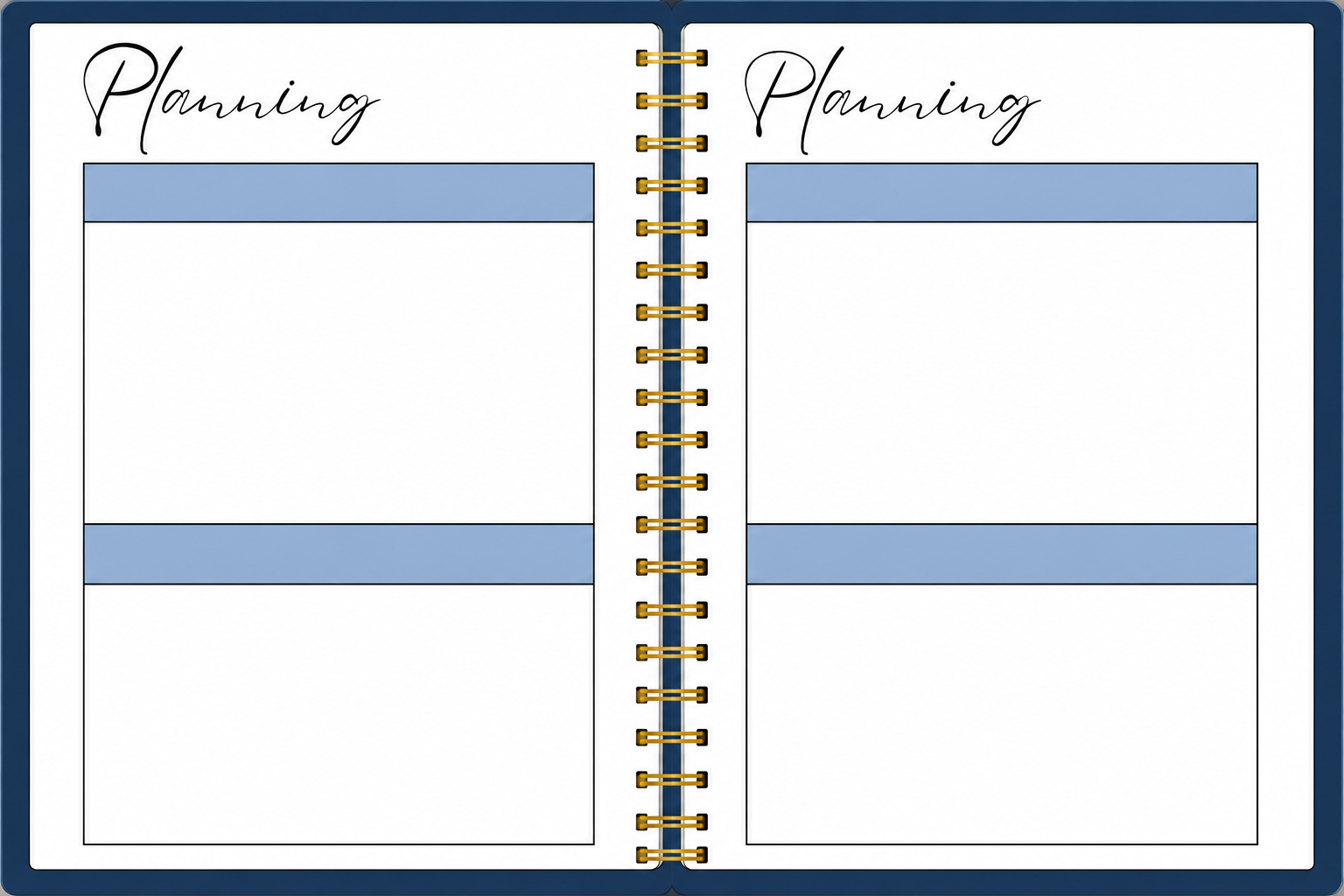 Open planning pages in 2027 Navy Teacher Planner with navy blue section headers and large writing spaces
