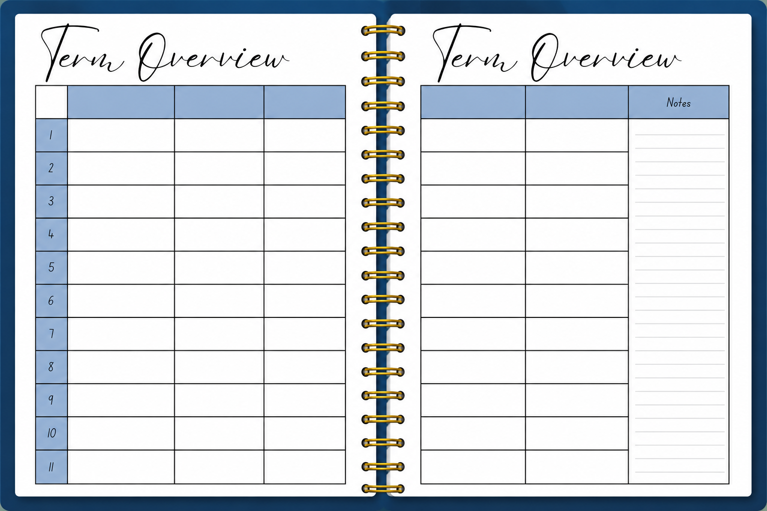 Term overview planning pages in 2027 Navy Teacher Planner with navy and blue grid layout and notes column