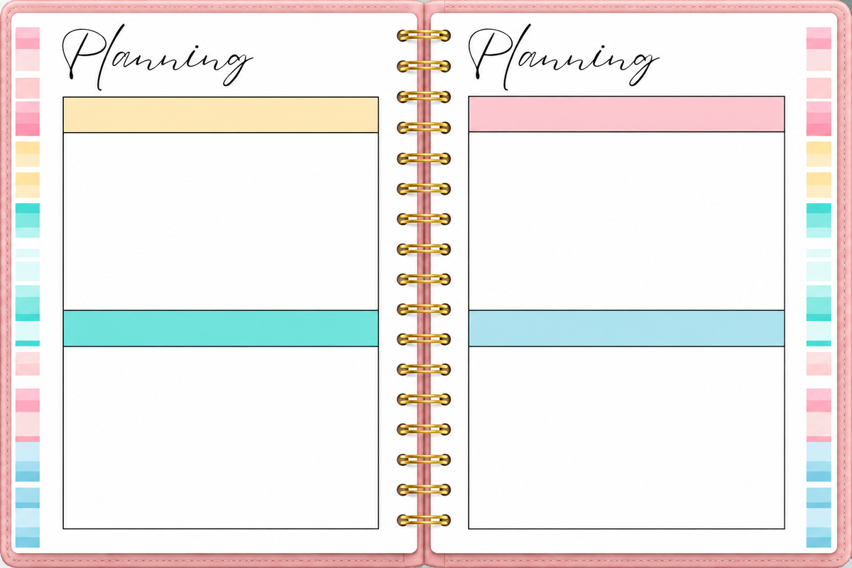 Open planning pages in 2027 Bright Teacher Planner with pastel yellow, pink and teal section headers.