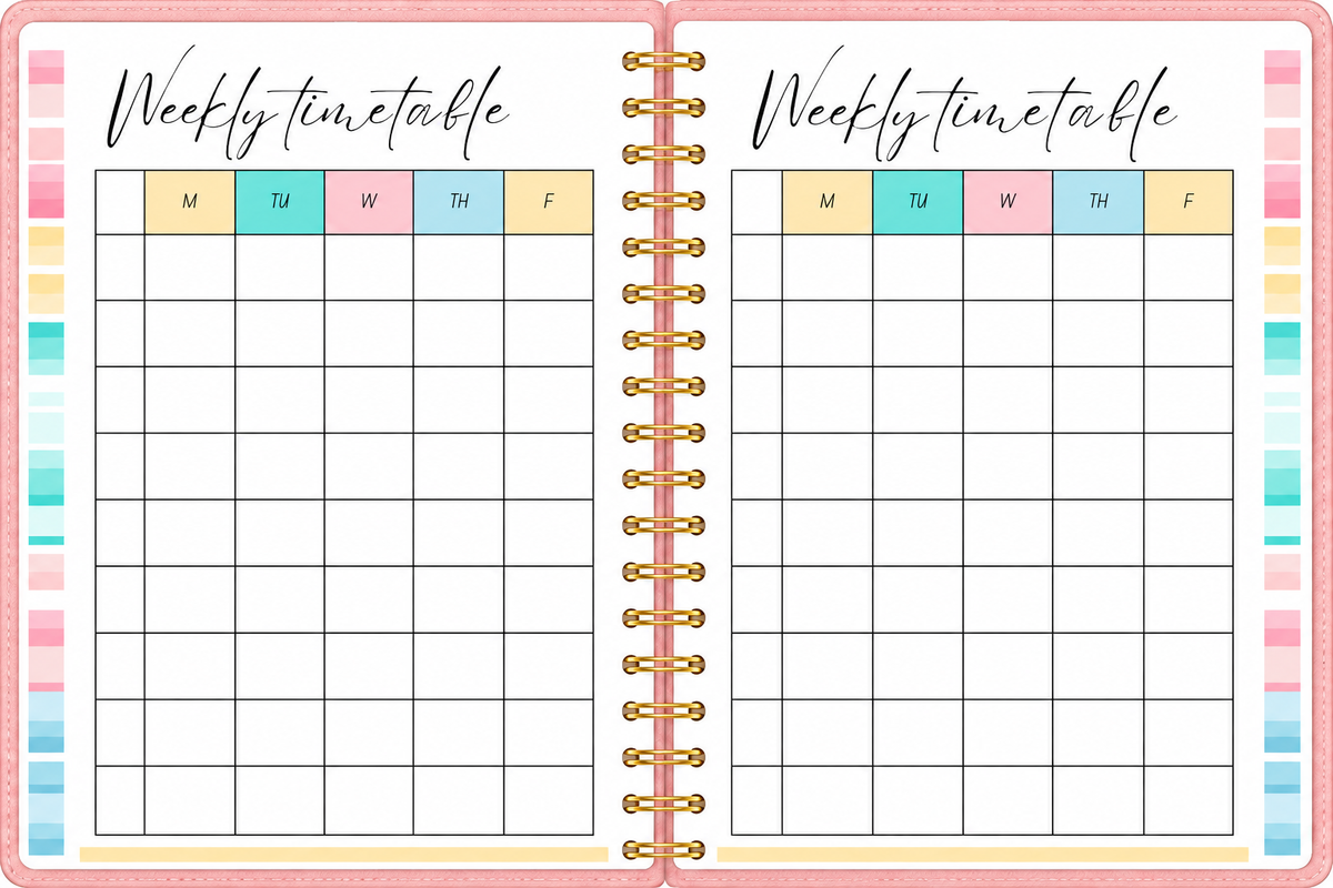 Weekly timetable pages in 2027 Bright Teacher Planner showing Monday to Friday period grid with gold coil binding