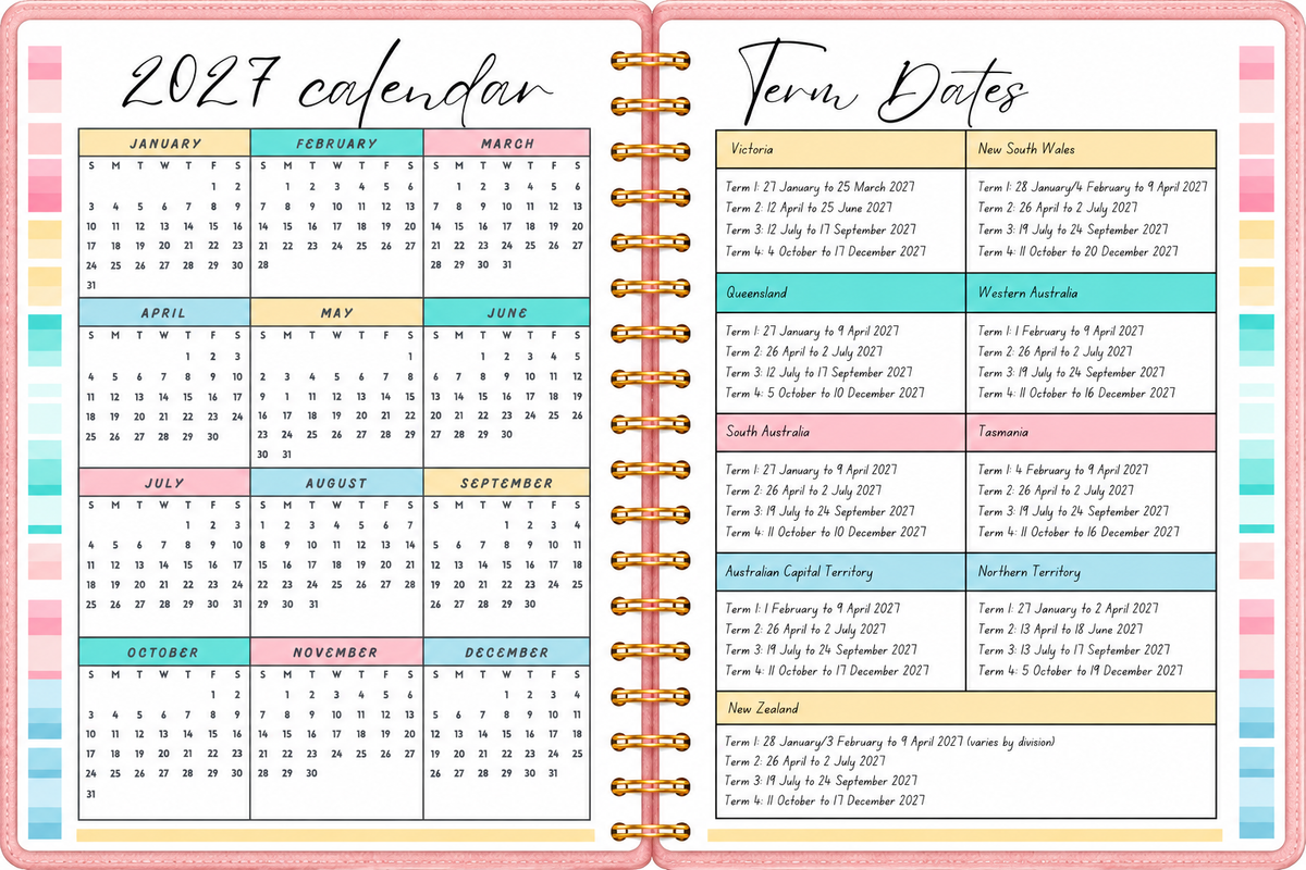 2027 Bright Teacher Planner open to annual calendar and Australian and New Zealand school term dates