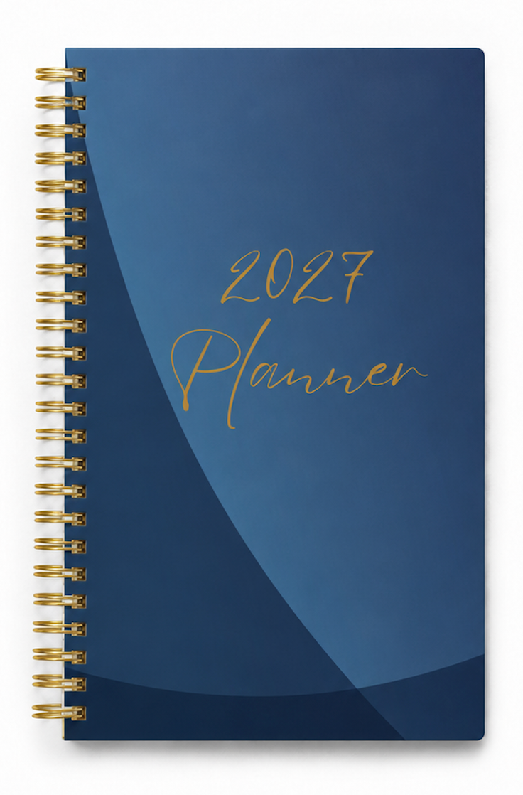 PRE-ORDER 2027 Navy Teacher Planner front cover with navy blue and gold coil binding by Dayna Tinline Designs
