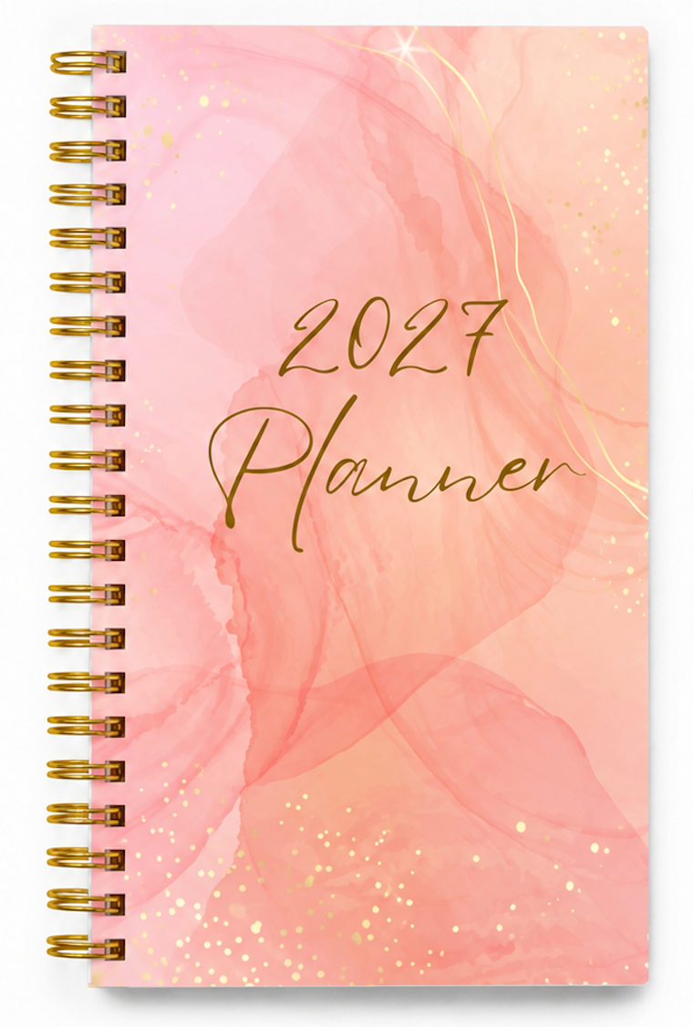 Peach 2027 A4 teacher planner cover with gold foil lettering and durable gold coil binding