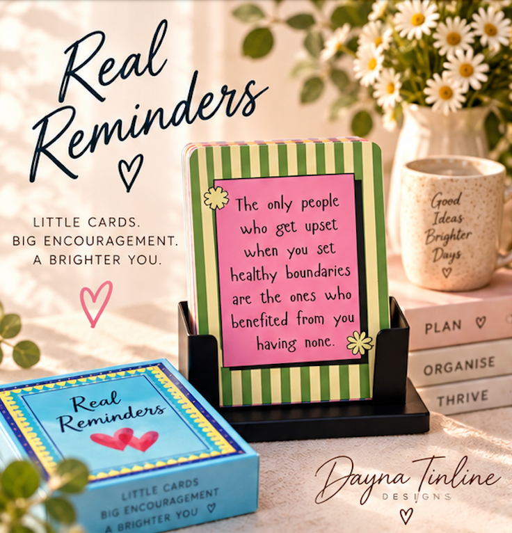 Black steel stand displaying a colourful Real Reminders card about setting healthy boundaries.