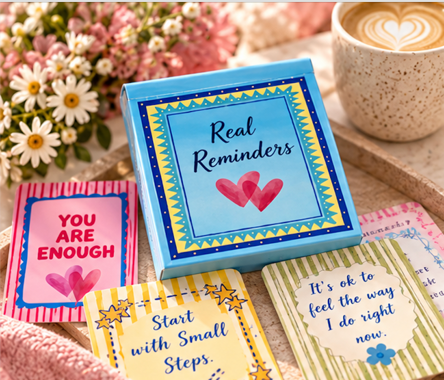 Real Reminders cards surrounding their blue box.