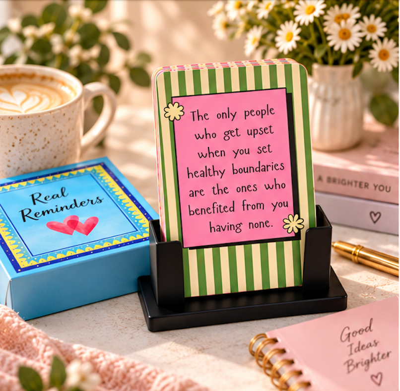 Black steel stand displaying a colourful Real Reminders card about setting healthy boundaries.
