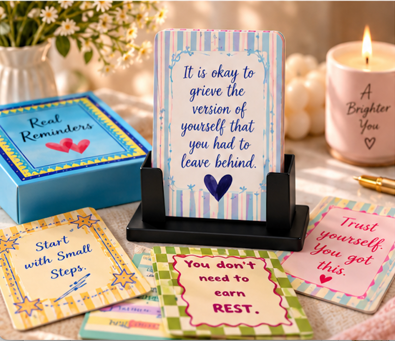 Black steel stand holding Real Reminders cards, displaying ‘Just because I’m thinking it, doesn’t mean it’s true