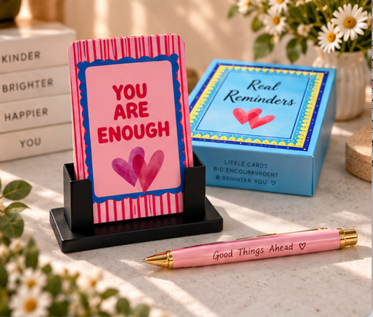 Black steel stand holding Real Reminders cards, displaying ‘You are Enough'.