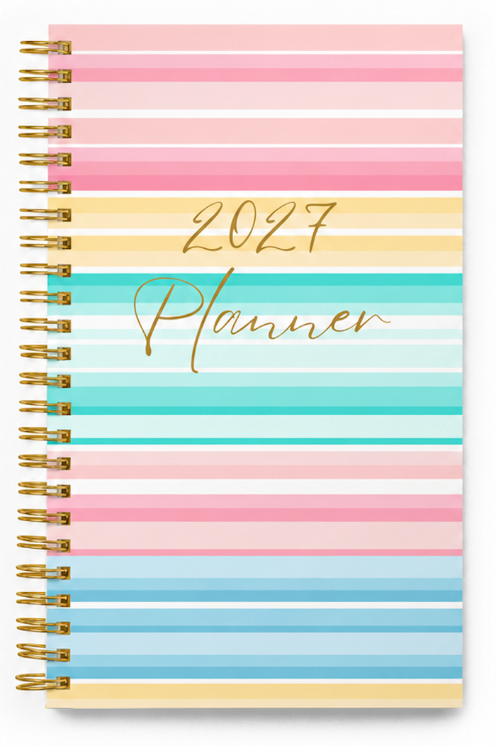 PRE-ORDER 2027 Bright Teacher Planner front cover with colourful stripe design and gold coil binding