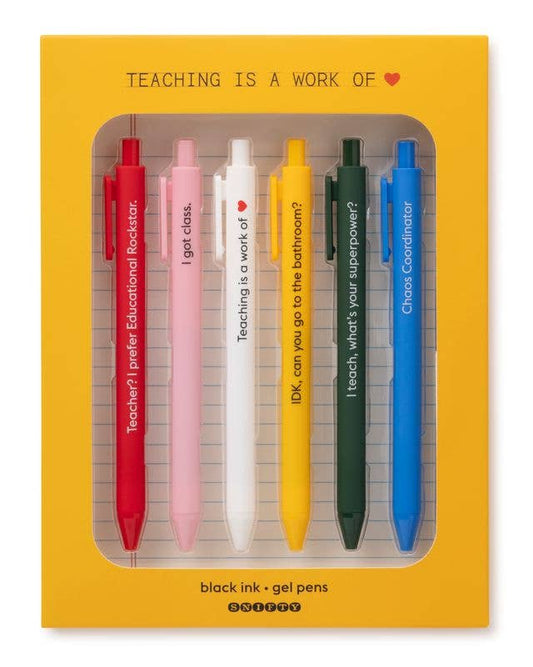 Set of 6 funny quote gel pens for teachers in packaging