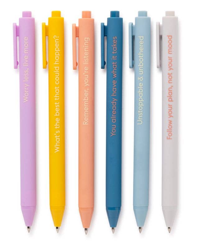 Close-up of inspirational quote gel pens with empowering sayings