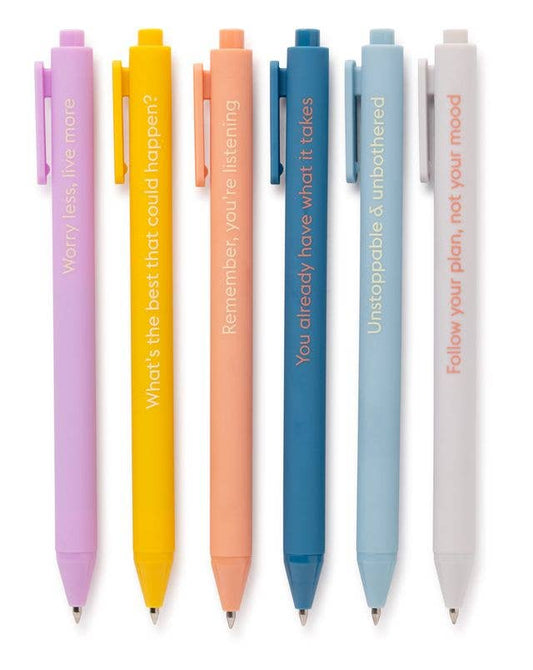 Close-up of inspirational quote gel pens with empowering sayings