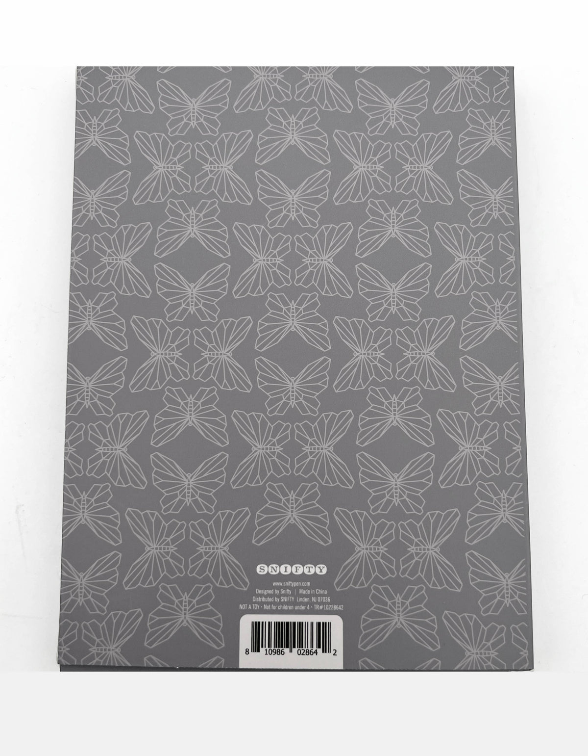 Back of box - grey with butterfly pattern on a white background