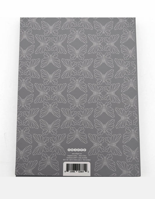 Back of box - grey with butterfly pattern on a white background