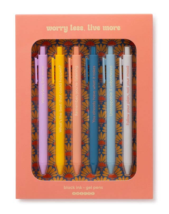 Worry Less Live More motivational gel pen set of 6 in gift packaging