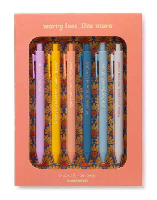 Worry Less Live More motivational gel pen set of 6 in gift packaging